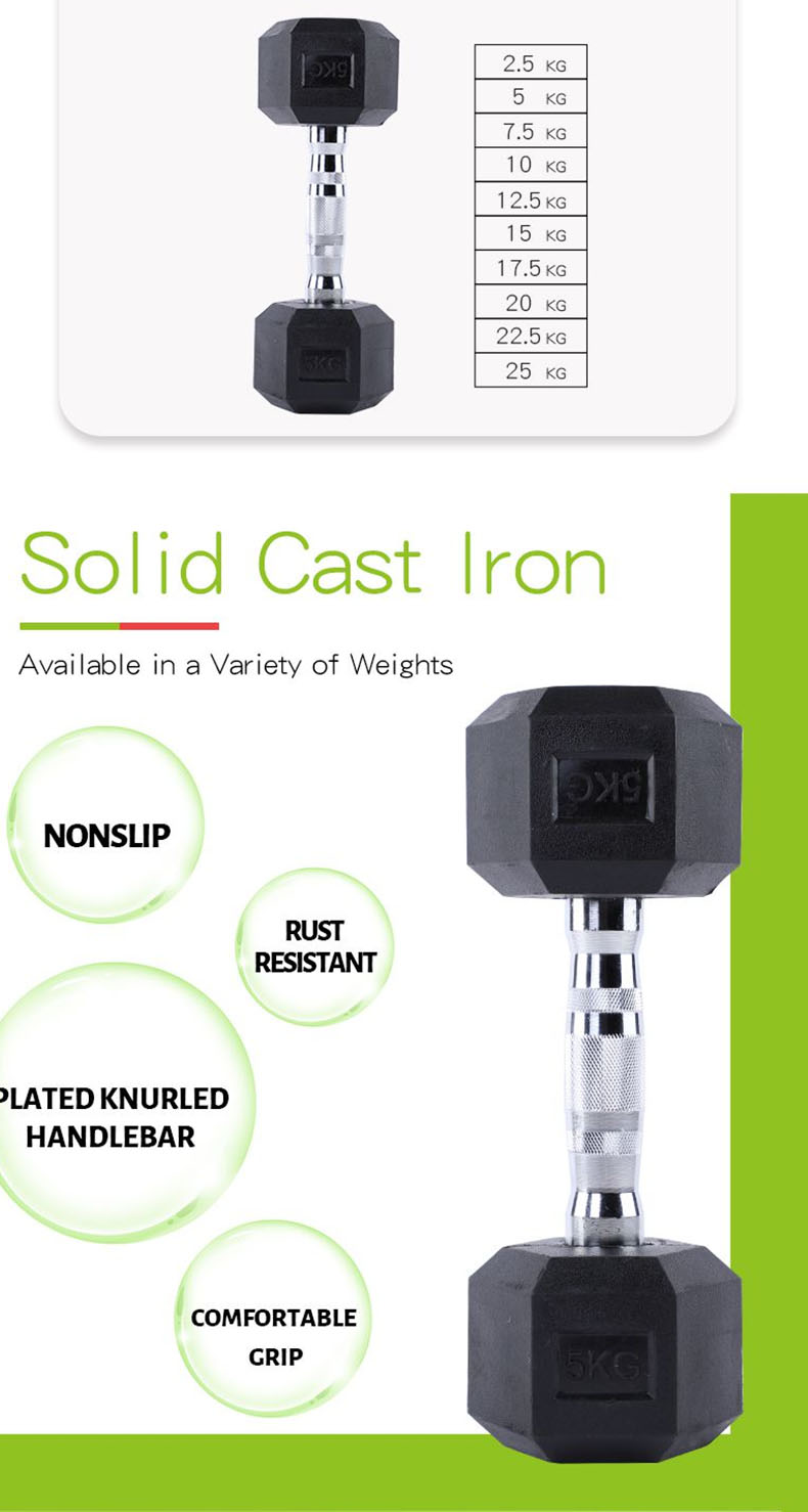 黒いゴム製のヘックスダンベル